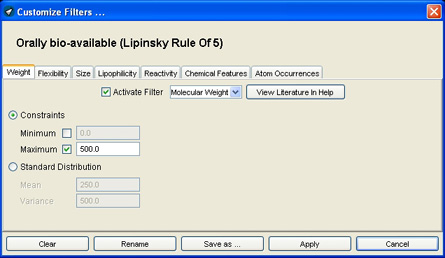 Filter settings dialog